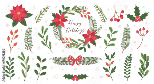 Winter Christmas hand drawn plants set. Christmas botanical elements. Holiday Xmas decor, wreath, garland, branches, flowers, berries, leaves.