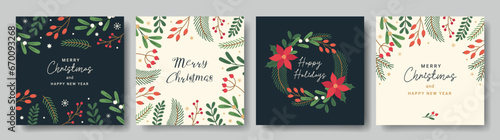 Merry Christmas template for corporate greeting cards. Floral frame and background with berries, leaves, pine branches, mistletoe. Vector illustration for poster, cover, banner, social media post.
