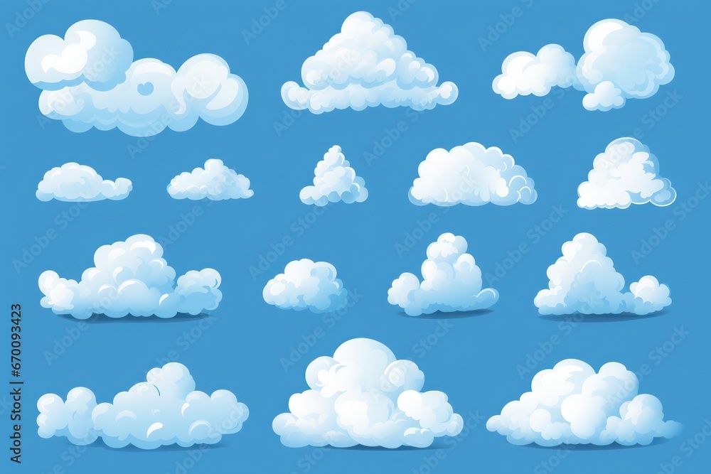 Set of clouds in an illustration on a blue background. White cloud collection, white cloud illustration - obrazy, fototapety, plakaty 