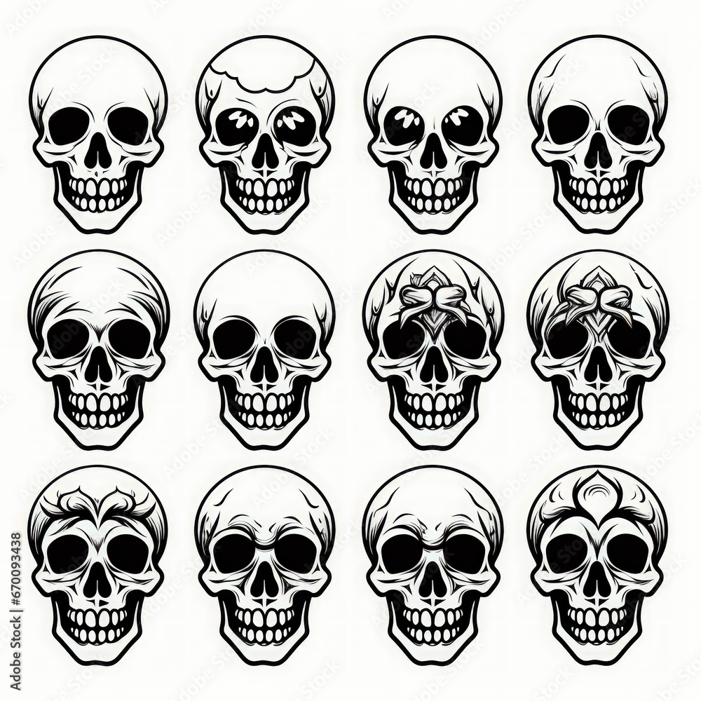 Set of Day of the Dead or Sugar Skulls,mexican skull,illustration,black and white