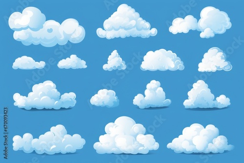 Set of clouds in an illustration on a blue background. White cloud collection, white cloud illustration