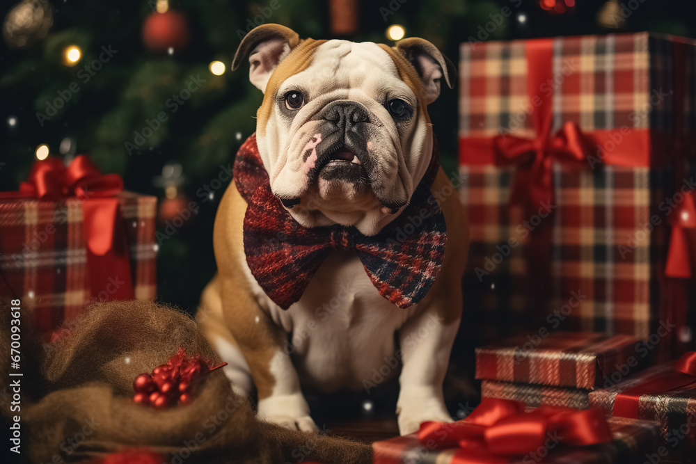 french bulldog and gifts around, Merry Christmas concept. Generative Ai