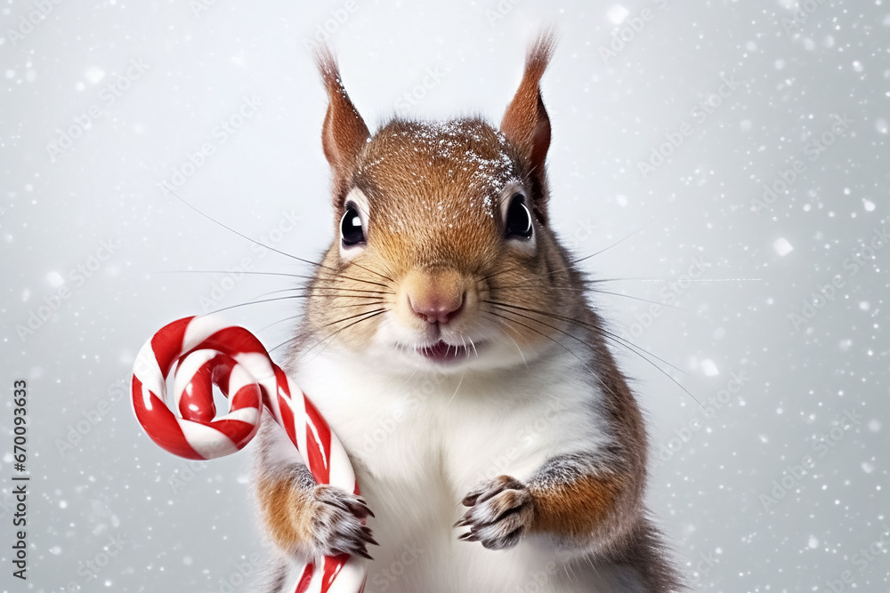 squirrel with a candy cane, Merry Christmas or Happy New year greeting card. Generative Ai