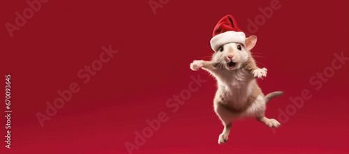 mouse in a santa hat on red background, panoramic layout, Merry Christmas concept. Generative Ai
