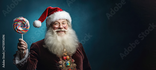 Santa Claus with lollipop, panoramic layout. Generative Ai