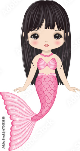 Vector Beautiful Asian Mermaid with Pink Fishtail
