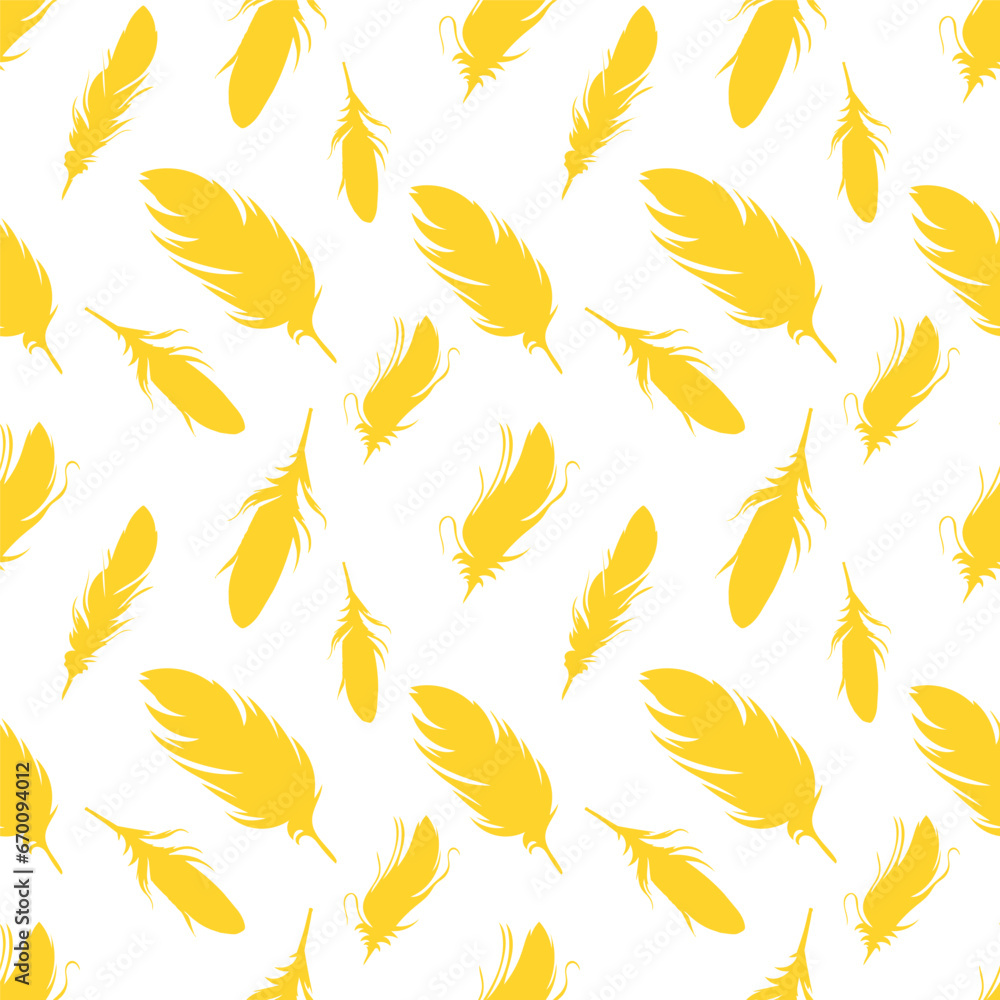 Seamless pattern of bird feathers on a white background. Vector illustration. Design of fabric, paper, packaging. Yellow feathers.
