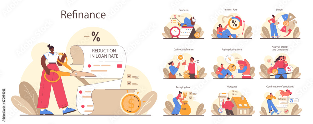 Refinance process set. Loan rate reduction to lender agreements. Debt obligation with better interest rate. Housing loan, real estate mortgage. Flat vector illustration Refinance process set. Loan rate reduction to lender agreements. Debt obligation with better interest rate. Housing loan, real estate mortgage. Flat vector illustration
