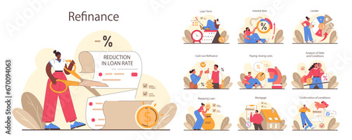 Refinance process set. Loan rate reduction to lender agreements. Debt obligation with better interest rate. Housing loan, real estate mortgage. Flat vector illustration