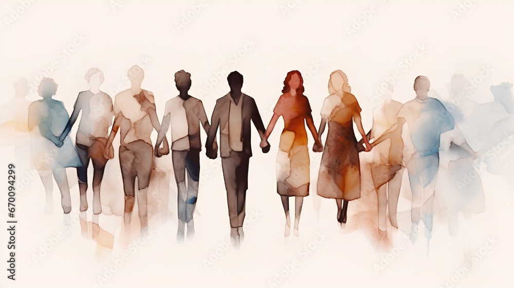 Illustration of diverse group of people holding hands. Unity, community, and mutual support. The essence of teamwork, cooperation, and the concept of helping each other in a multicultural society. - obrazy, fototapety, plakaty 