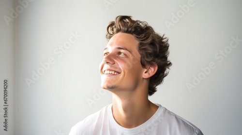 Cheerful young man, happy young man with light pink background, emotions on man's face	
 photo