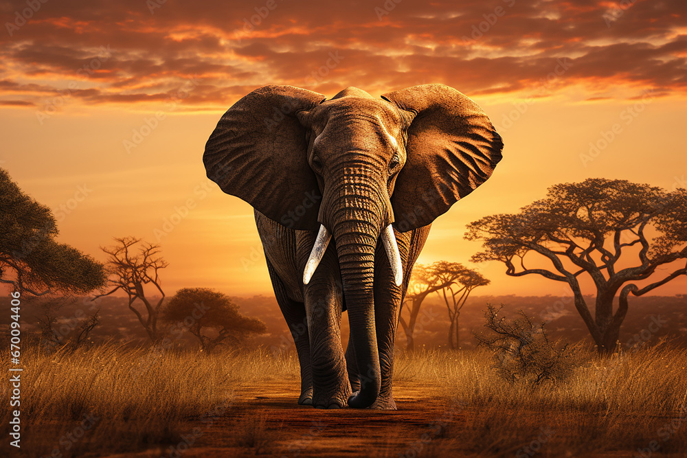 Obraz premium The close up photo of the majestic African elephant under the sunset sky at the Savannah field. Generative AI.