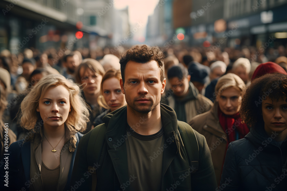 Full of people with neutral facial expressions in city. Full of people with neutral facial expressions in city.