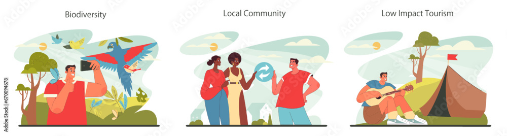 Sustainable tourism set. Ecotourism, eco-friendly recreation. Responsible, low-impact and green travel in local community. Flat vector illustration