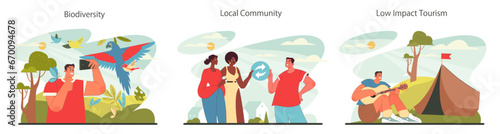 Sustainable tourism set. Ecotourism, eco-friendly recreation. Responsible, low-impact and green travel in local community. Flat vector illustration