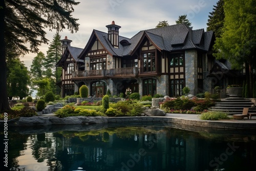 Beautiful lakefront mansion. Generative AI