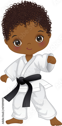 Vector Cartoon Afro Boy Practicing Karate