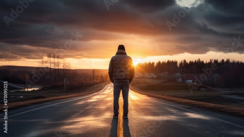 Goal success concept, behind a man standing on the road and looking ahead, road during sunset