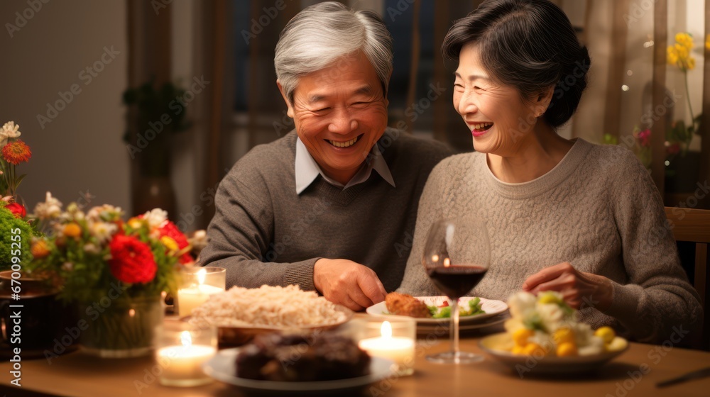 Valentines day, happy mature Asian couple laughing