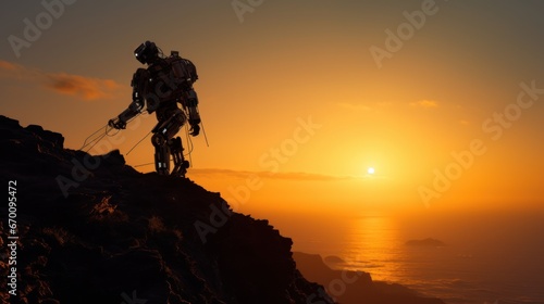 Silhouette of a robot walking on top of a mountain during sunset