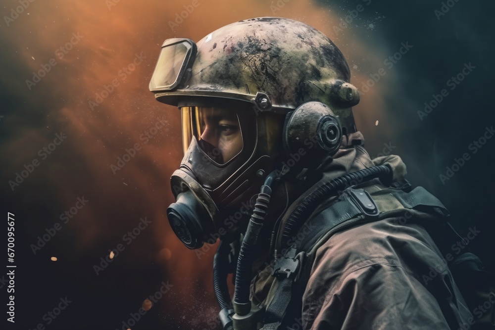 A soldier in a gas mask standing in front of smoke, in the style of realistic with impressionistic colors. Generative AI. A soldier in a gas mask standing in front of smoke, in the style of realistic with impressionistic colors. Generative AI.