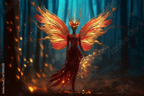 Firefly with colorful wings stands in the forest, in the style of realistic renderings of the human form, devilcore, red and gold. Generative AI.