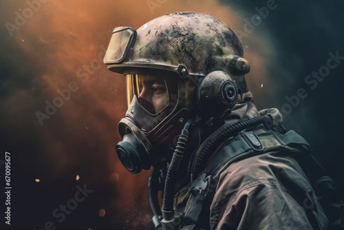 A soldier in a gas mask standing in front of smoke, in the style of realistic with impressionistic colors. Generative AI.