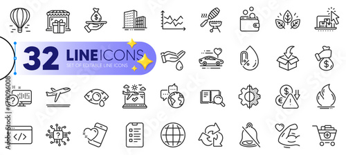 Outline set of Fish grill, Online storage and Mute line icons for web with World communication, Search book, Conjunctivitis eye thin icon. Wallet money, Organic tested. Vector