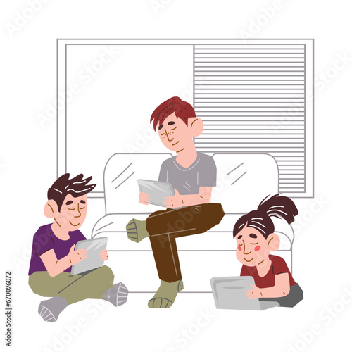 Children of Gen Alpha using digital devices in their daily lives. Alpha Generation using digital devices for playing, studying, and watching cartoons, flat vector illustration isolated on a white.