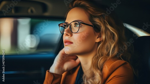 Beautiful woman wearing glasses sitting in a car, woman traveling, woman with life style © CStock