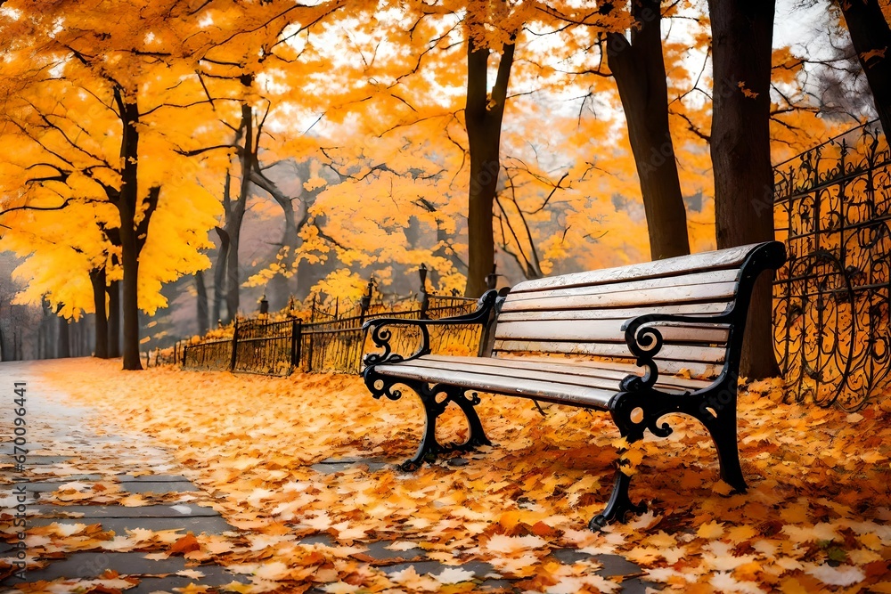 bench at the shadow of the orange autumn  trees with white trees abstract sightfull view 