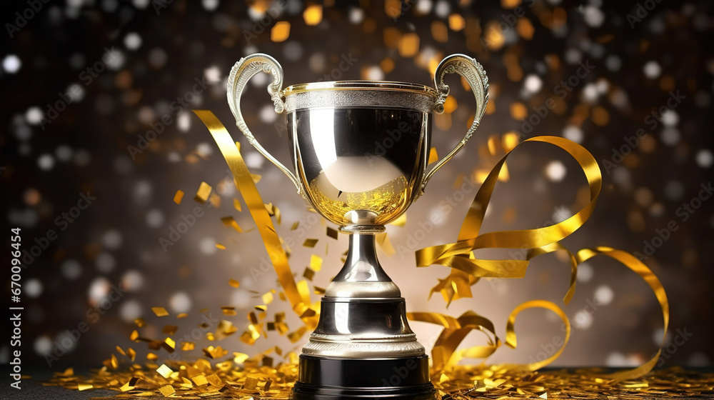 championship cup or winner trophy in golden and silver shiny chrome with celebration confetti and ribbon decoration as wide banner isolated on white background with copy space area championship cup or winner trophy in golden and silver shiny chrome with celebration confetti and ribbon decoration as wide banner isolated on white background with copy space area