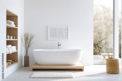 Modern style of marble bathroom interior decorate with bathtub  mirror and sink  minimal decor concept.