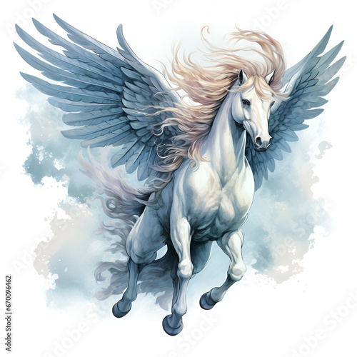 The image depicts a pegasus, a mythical creature from ancient Greek mythology, with angel wings and the head of a horse. The pegasus is in motion, galloping 