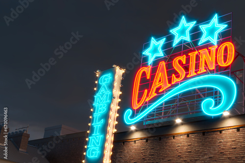 Canvas Print Retro Casino neon light on the roof of building at night