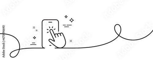 Phone touch line icon. Continuous one line with curl. Smartphone app sign. Cellphone mobile device symbol. Phone touch single outline ribbon. Loop curve pattern. Vector