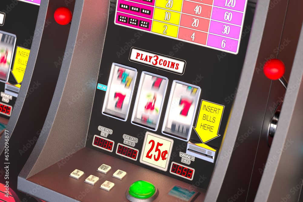 A retro slot machine in a casino during gameplay. Las Vegas, gambling, hazard