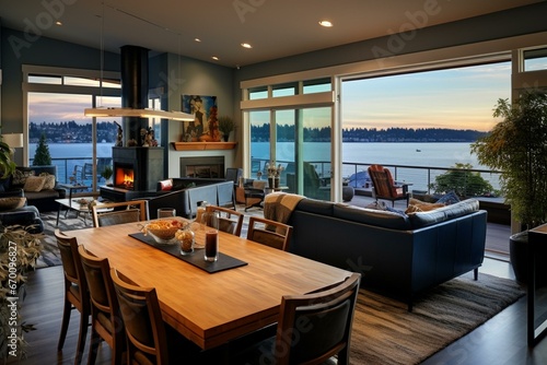 Contemporary living and dining room in Tacoma, WA, USA. Generative AI