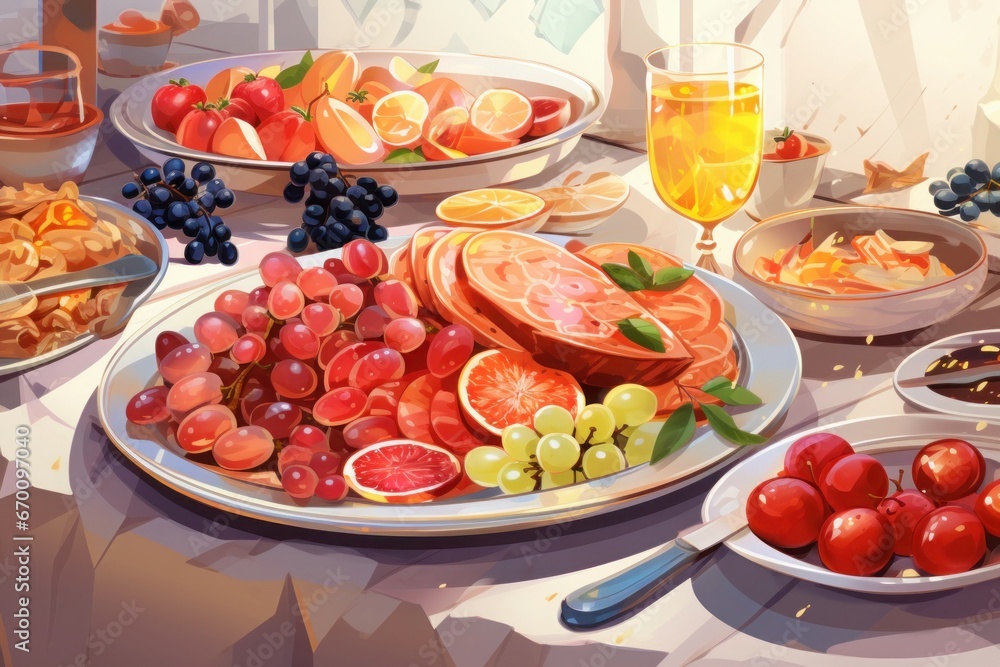 Lavish dishes fresh fruits and cooked meals on a huge. Generative AI.