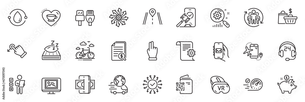 Icons pack as Teamwork, Delivery service and Mattress line icons for app include Computer cables, Cold-pressed oil, Auction outline thin icon web set. Voting ballot, Bike rental. Vector