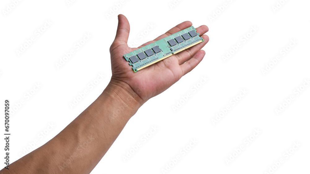 Hand-holding computer RAM memory isolated transparent background Hand-holding computer RAM memory isolated transparent background