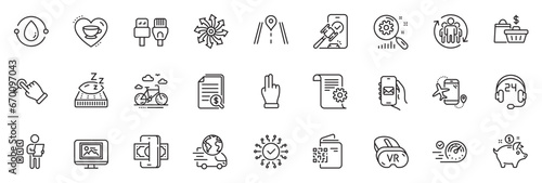 Icons pack as Teamwork, Delivery service and Mattress line icons for app include Computer cables, Cold-pressed oil, Auction outline thin icon web set. Voting ballot, Bike rental. Vector