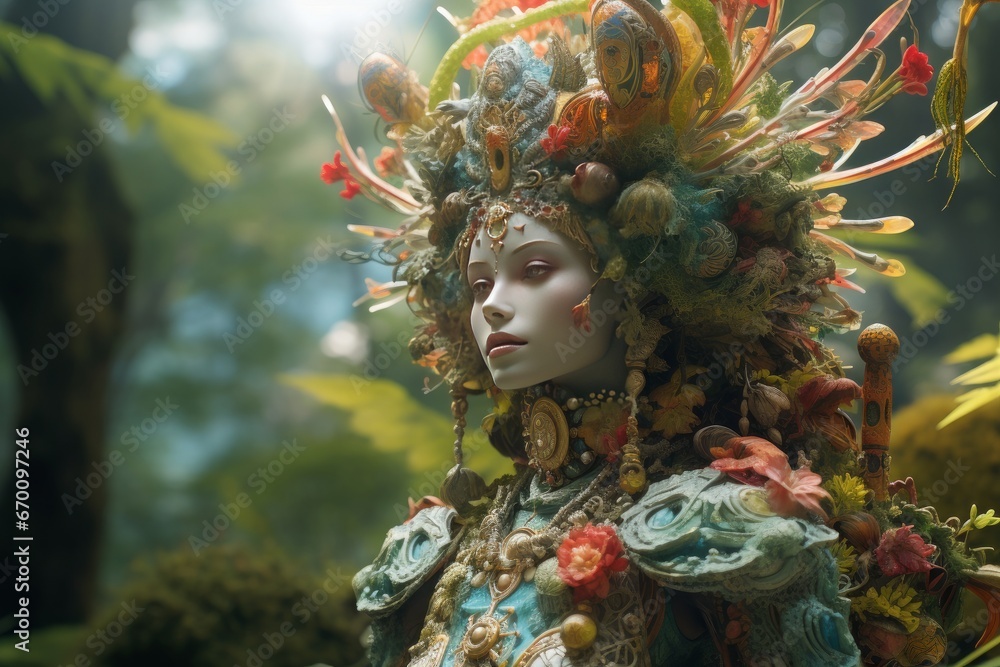 Beautiful woman with fantasy make-up in a fantasy forest. Generative AI.