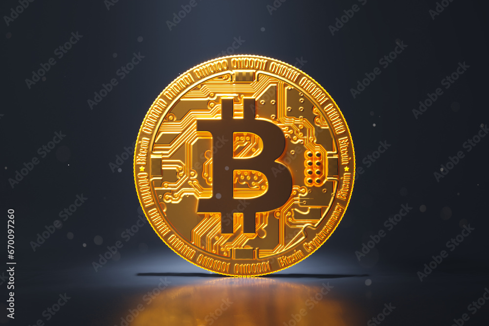 A single cryptocurrency BTC coin illuminated in a captivating dark background A single cryptocurrency BTC coin illuminated in a captivating dark background