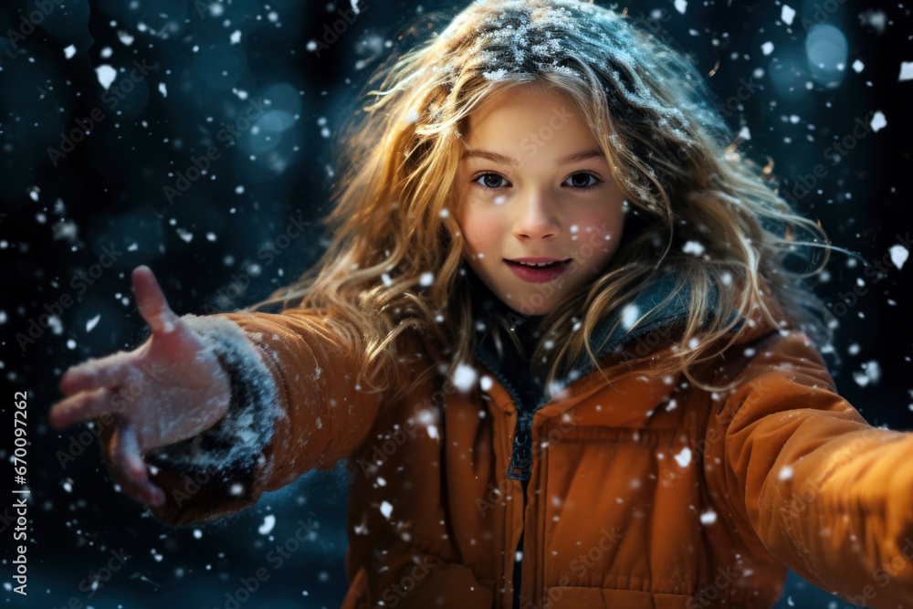 girl throwing snow in the air in the woods at winter day girl throwing snow in the air in the woods at winter day