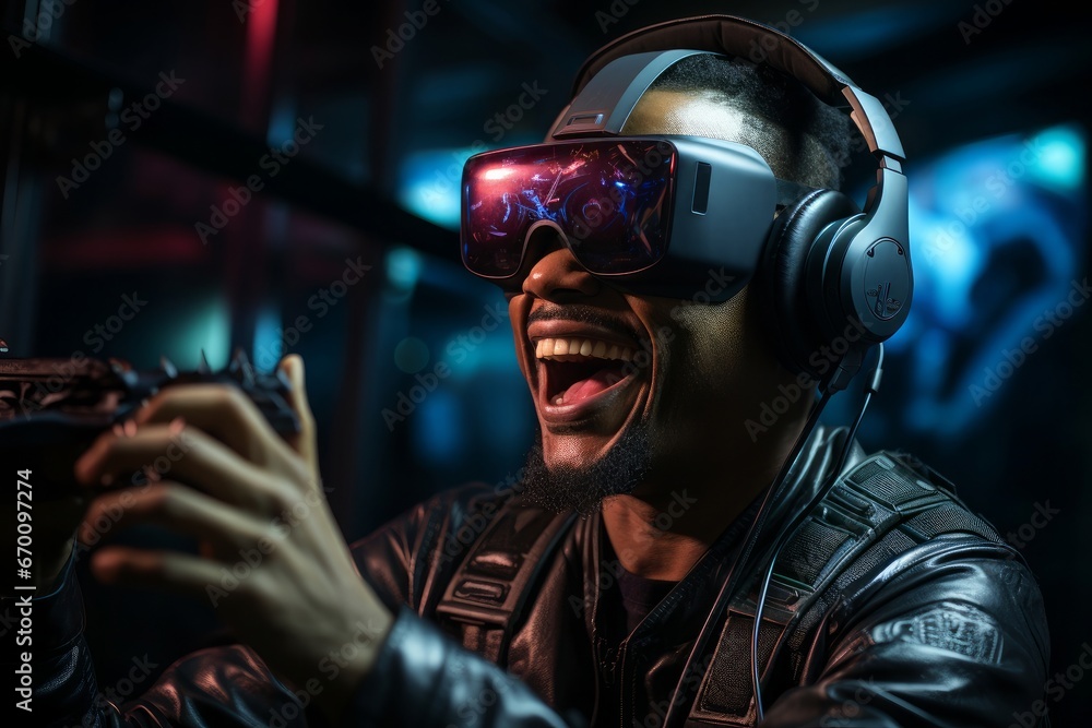 Portrait of a young african american man wearing virtual reality goggles and playing video games. Generative AI. Portrait of a young african american man wearing virtual reality goggles and playing video games. Generative AI.