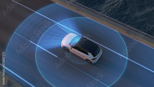 autonomous self-driving generic electric car driving along bridge or coastal highway into the sunset. Graphic animation of sensors scanning the road. Future transportation technology concept. Topview photo