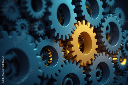 Abstract gears background with unique glowing yellow cogwheel. Stand out from the crowd. Business concept. 3d illustration