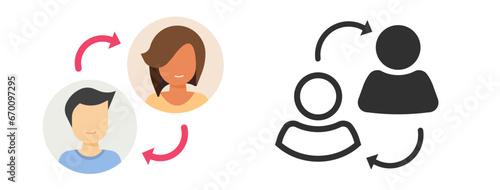 Exchange change user customer staff icon vector graphic flat carton and line outline stroke art set, replace swap switch people, crm clients replacement, man woman leadership image clipart