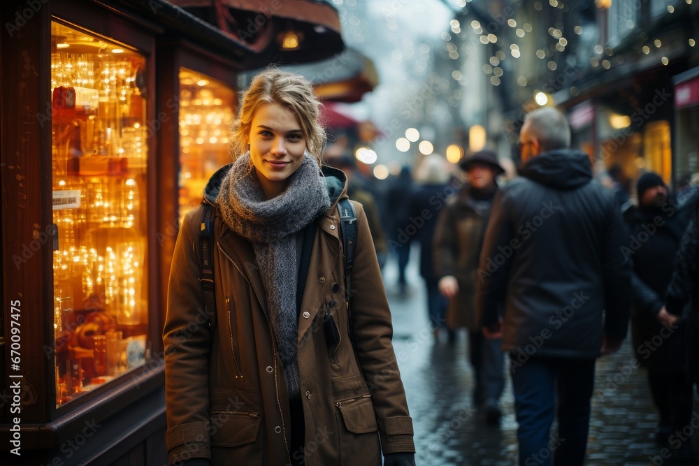 Beautiful woman on the street. Generative AI.